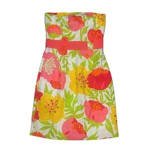 Lilly Pulitzer Size 0 Floral Strapless Dress Built In Bra Pink Green